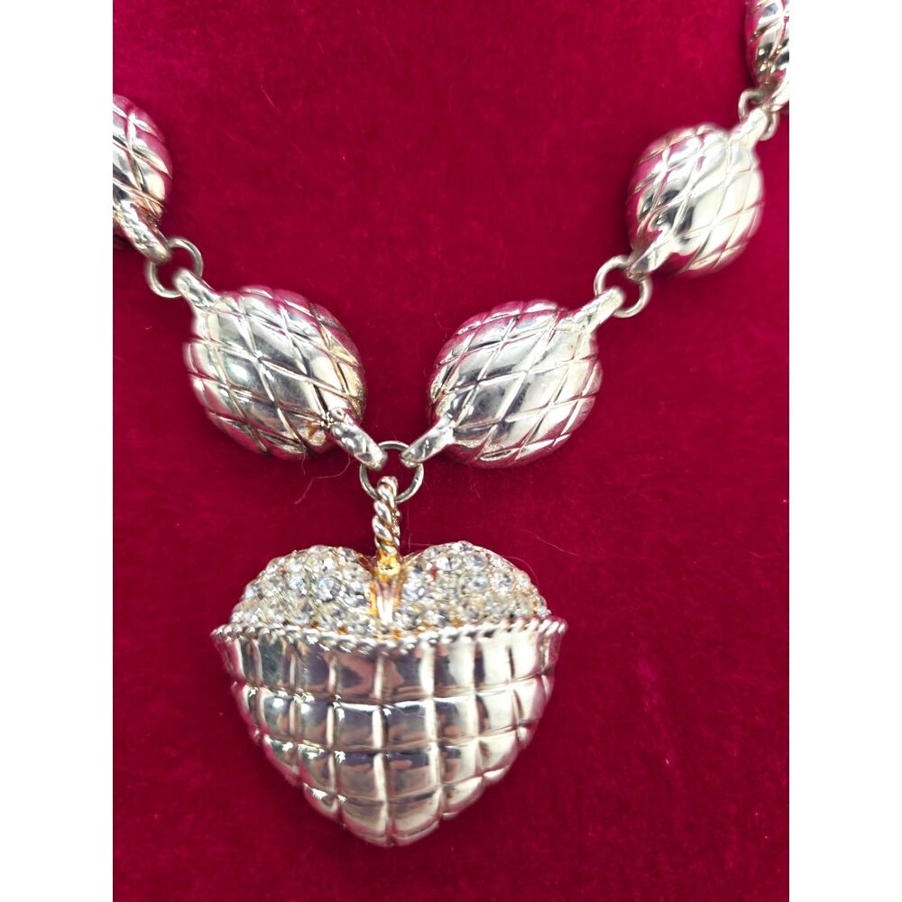 Textured Heart Pendant Necklace Chunky Textured Oval Links Crystals 16" Bold